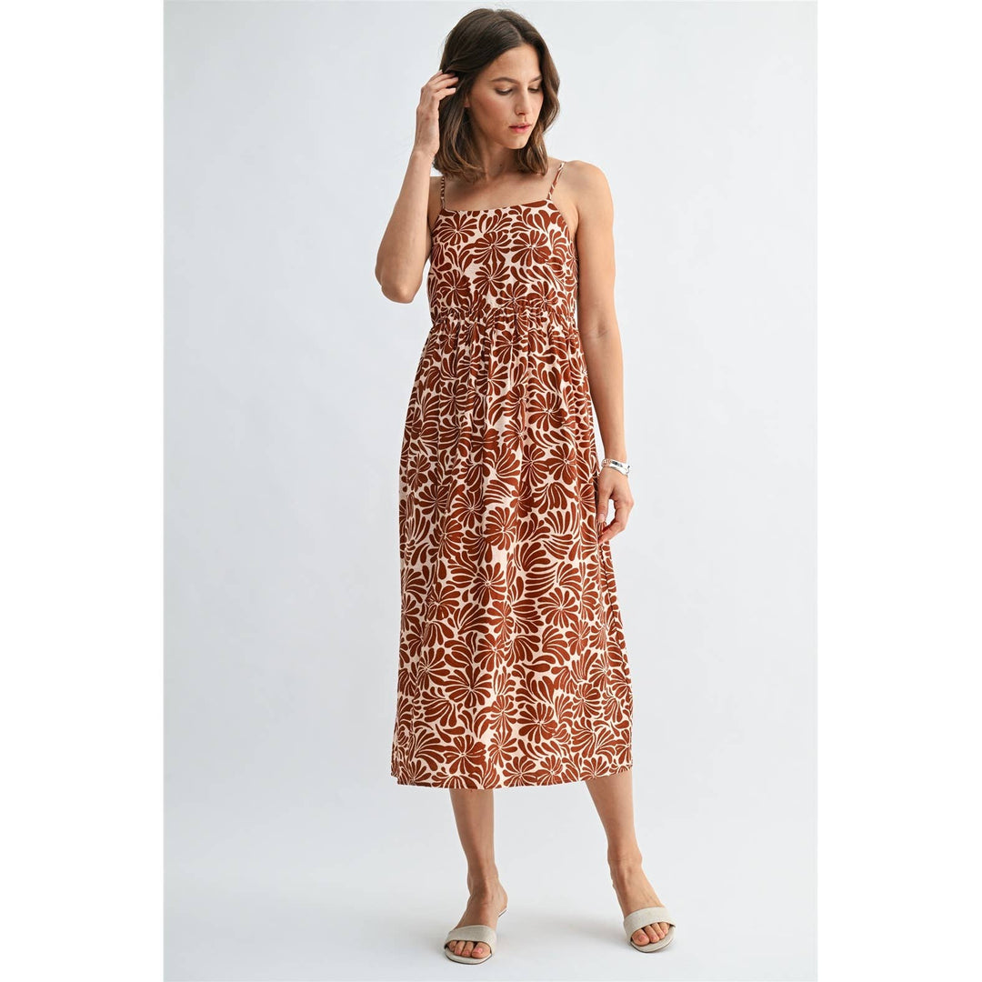 Flower Print Smocked Back Midi Dress in Orange