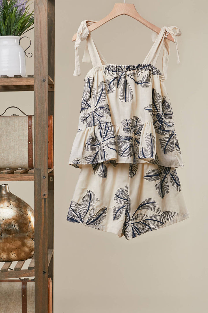 Floral Print Tie-Shoulder Top in Navy &amp; White