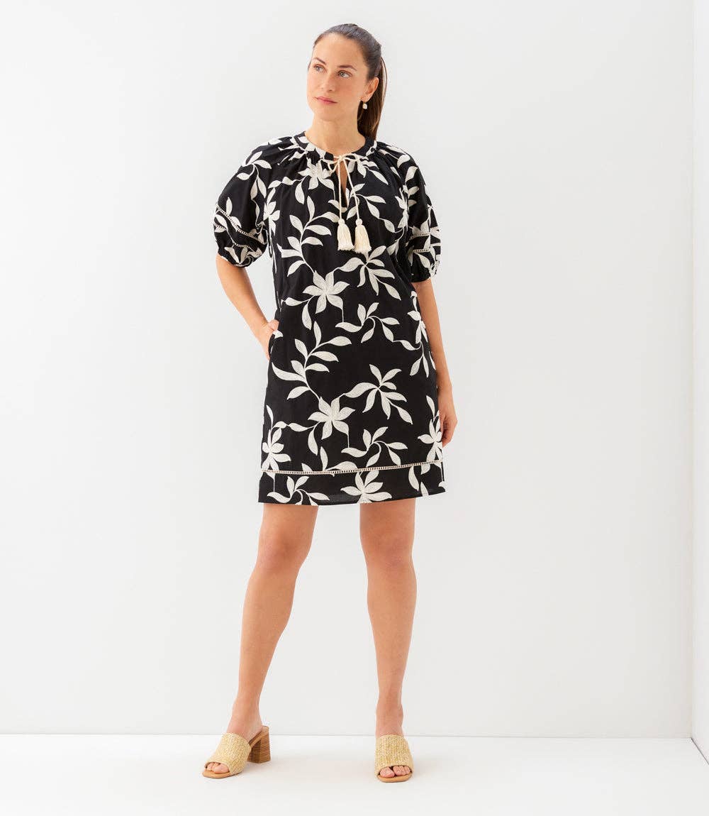 Floral Embroidered Puff Sleeve Tassel Dress in Black