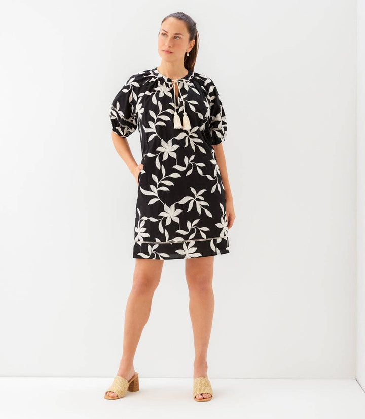 Floral Embroidered Puff Sleeve Tassel Dress in Black