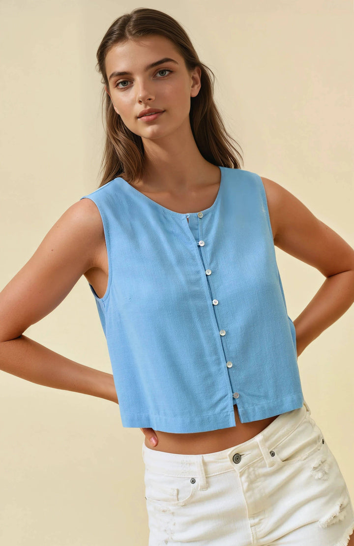 Linen Blend Button Front Tank Top
