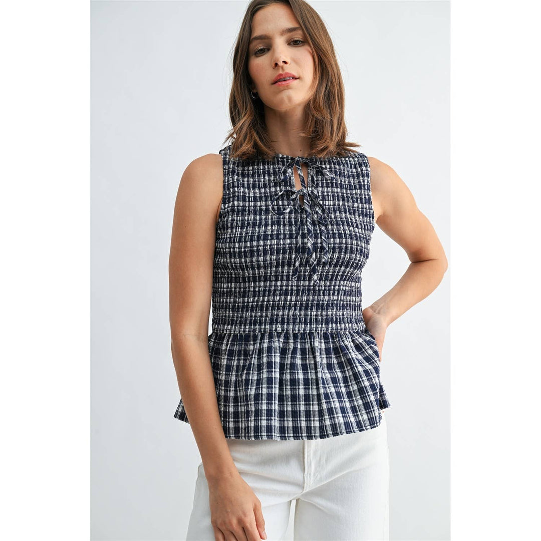 Gingham Sleeveless Peplum Tie Detail Smocked Top in Navy