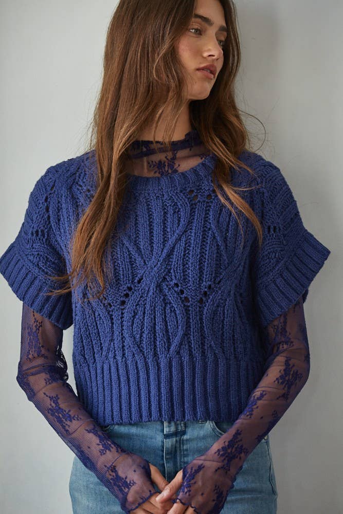 W1124 | Knit Sweater Crochet Round Neck Short Sleeve Top