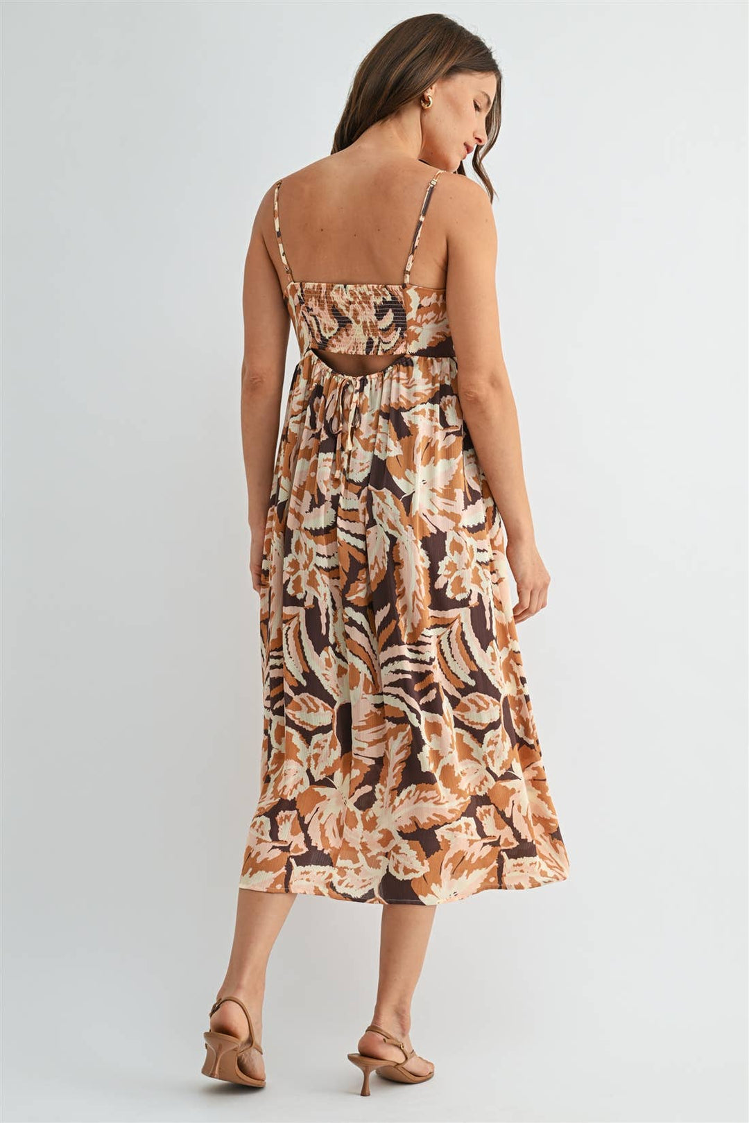 Leaf Print Smocked Back Dress in Brown Multi Color