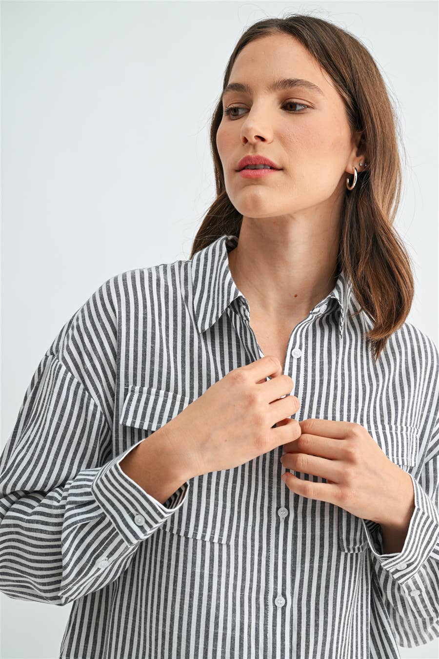 Long Sleeve Front Pocket Shirt in Grey &amp; White Striped