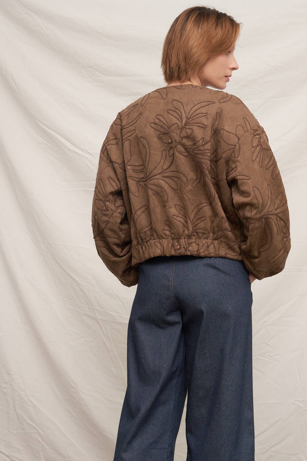 Embroidered Floral Pattern Bomber Jacket in Brown