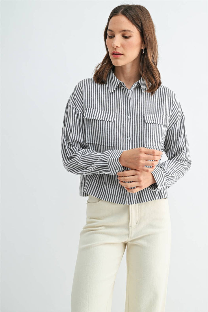 Long Sleeve Front Pocket Shirt in Grey &amp; White Striped