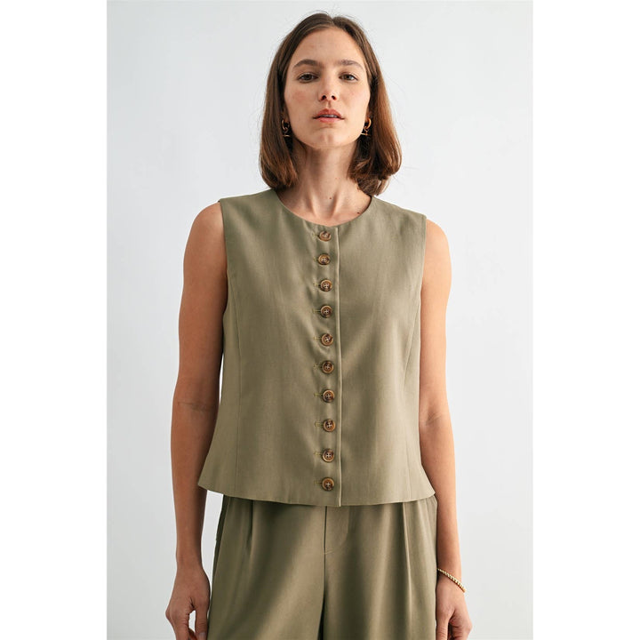 Crew Neck Vest Top in Light Olive Green