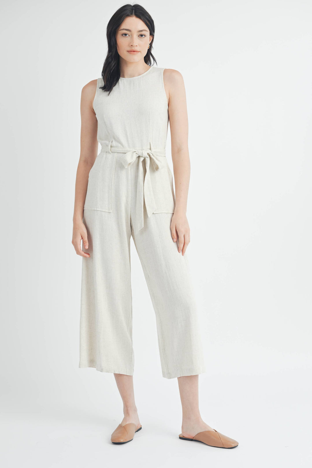 Linen Tie Waist Jumpsuit in Natural