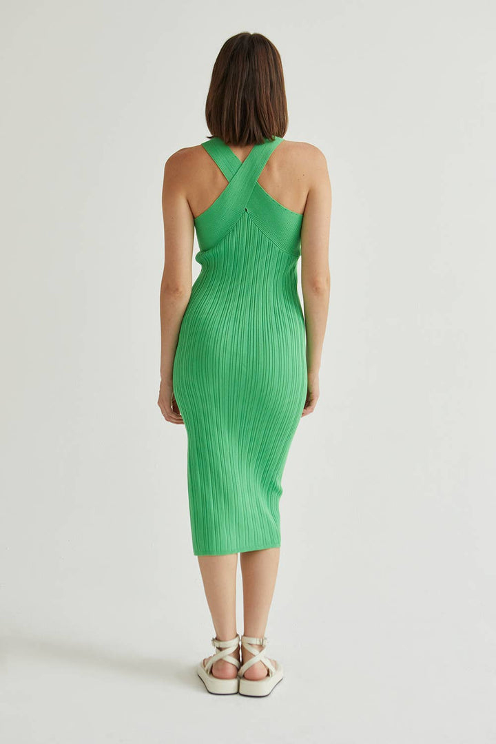 Marina Ribbed Knit Halter Neck Dress in Green