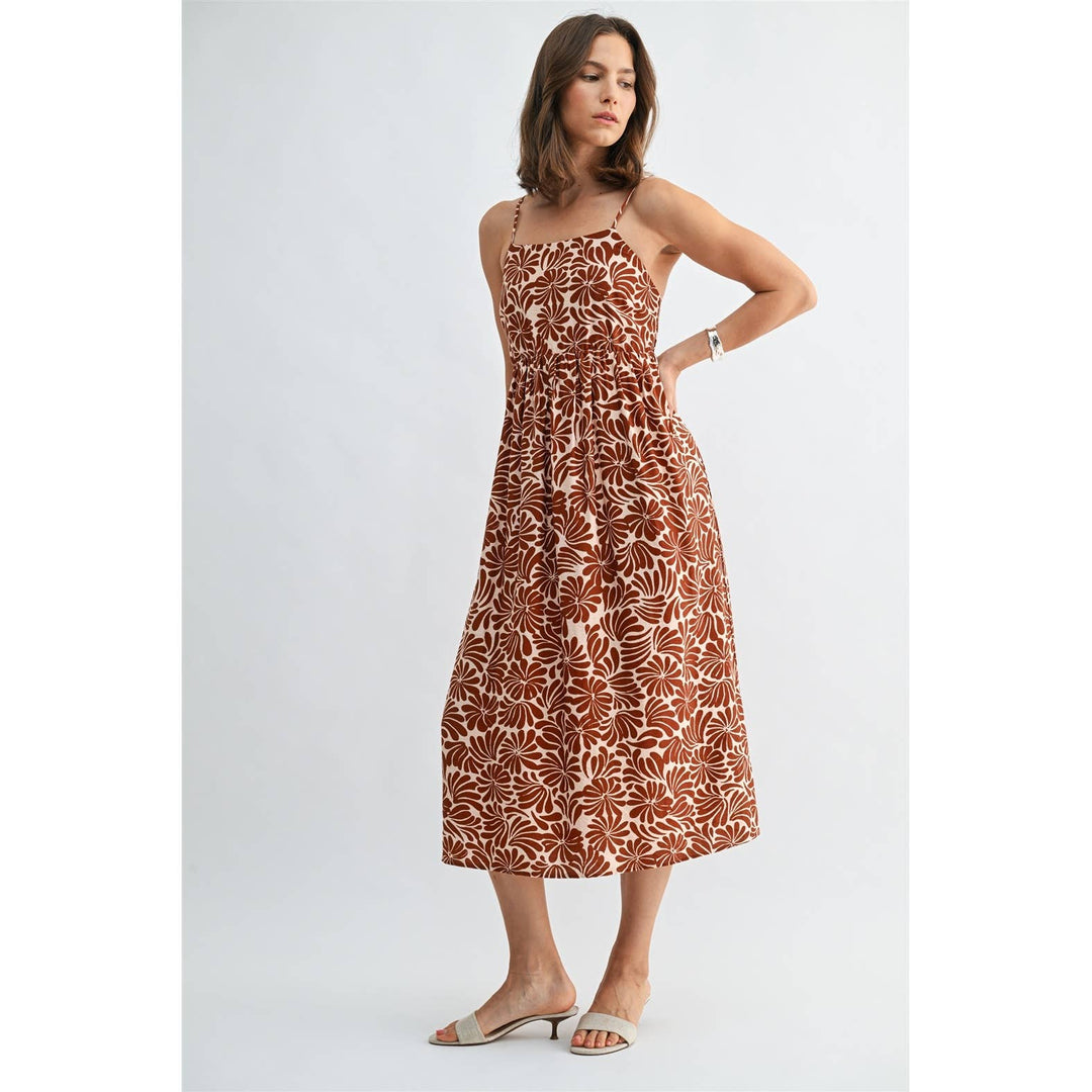 Flower Print Smocked Back Midi Dress in Orange