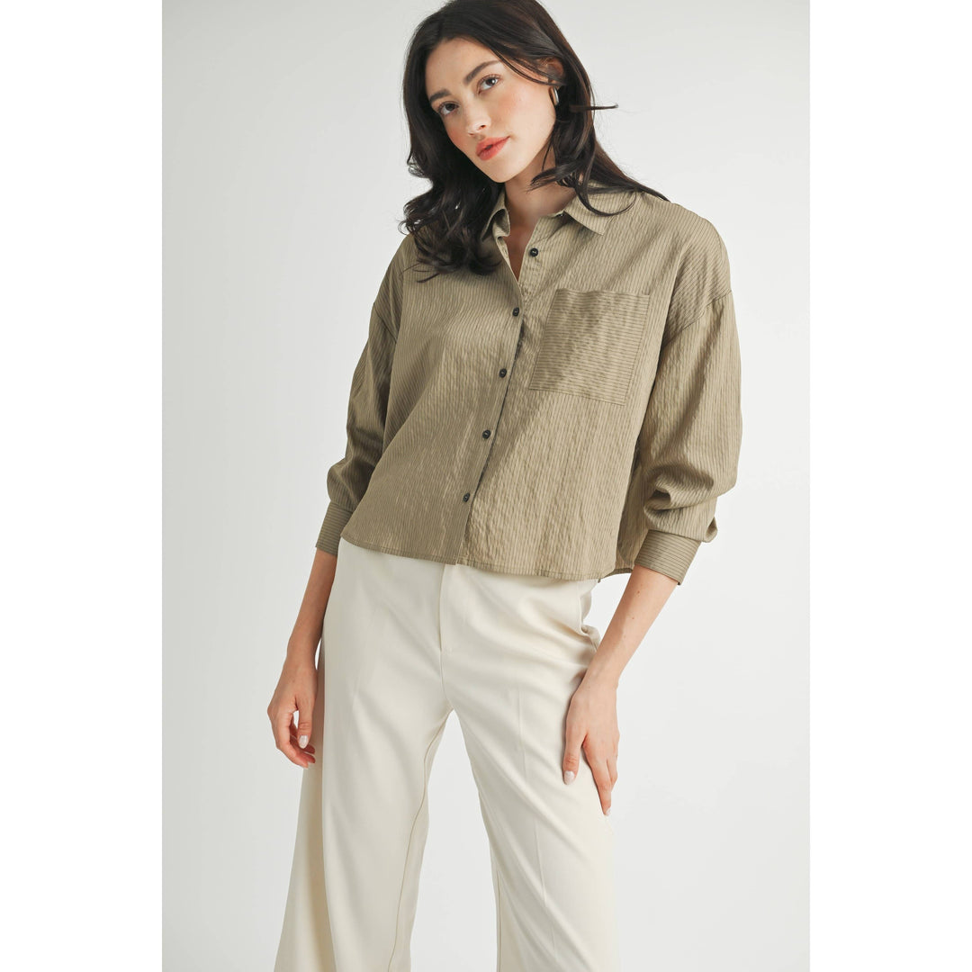 Striped Cropped Button Down Shirt in Olive Green