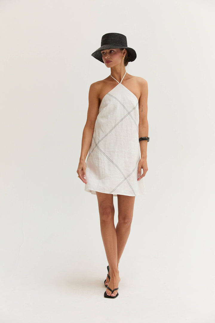Lena Linen Contrast Stitch Halter Mini Dress in White