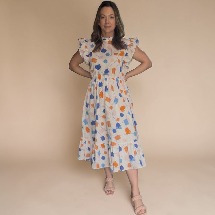 Geo Print Ruffle Sleeve Midi Dress