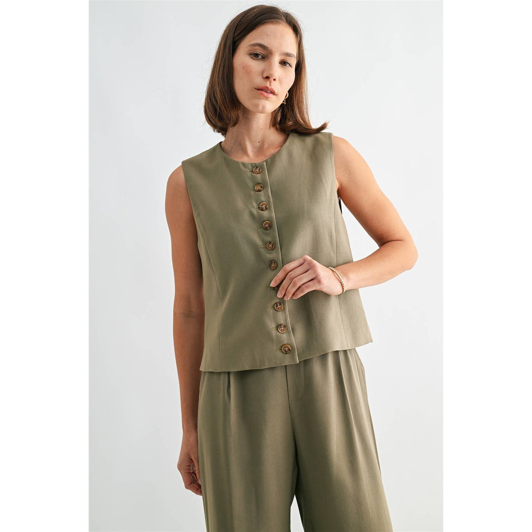 Crew Neck Vest Top in Light Olive Green