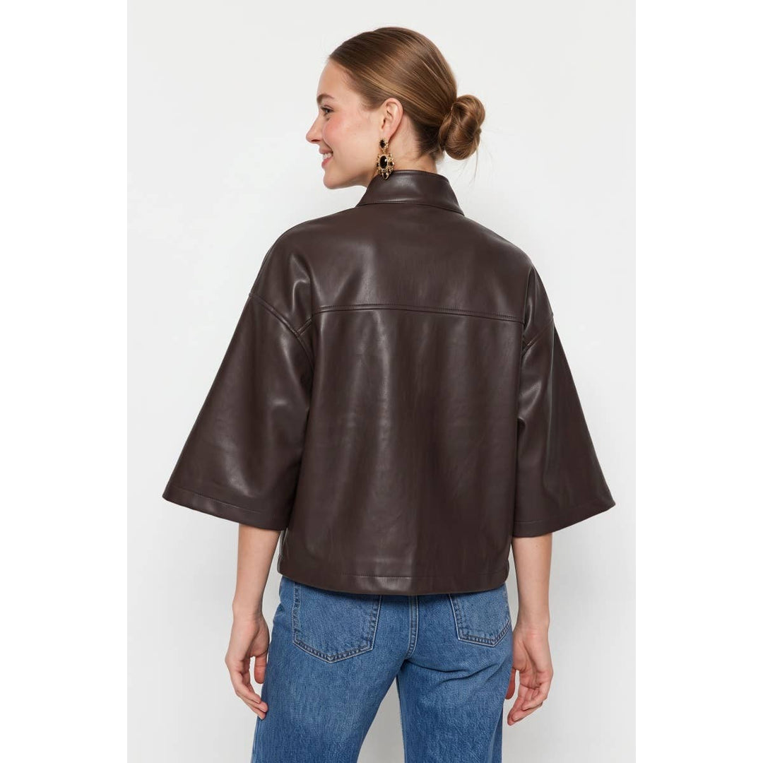 Drawstring Hem Boxy Vegan Leather Jacket