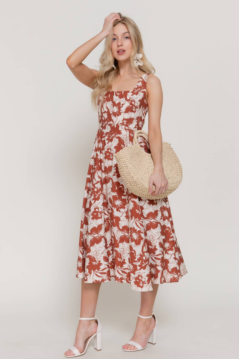 Square Neckline Printed Midi Dress