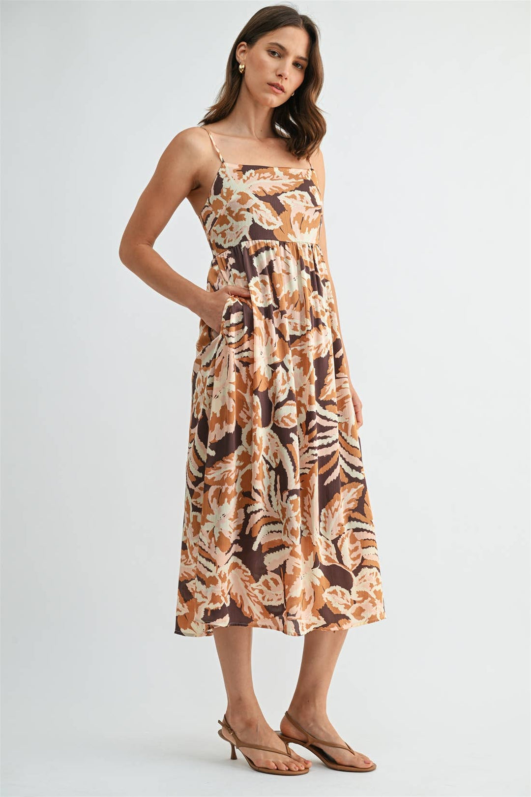 Leaf Print Smocked Back Dress in Brown Multi Color