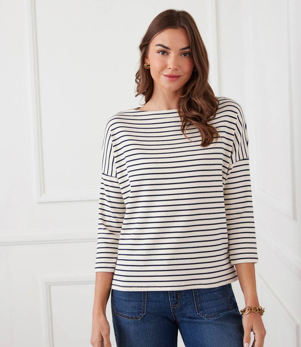 Petite Size Stripe 3/4 Sleeve Boatneck Top