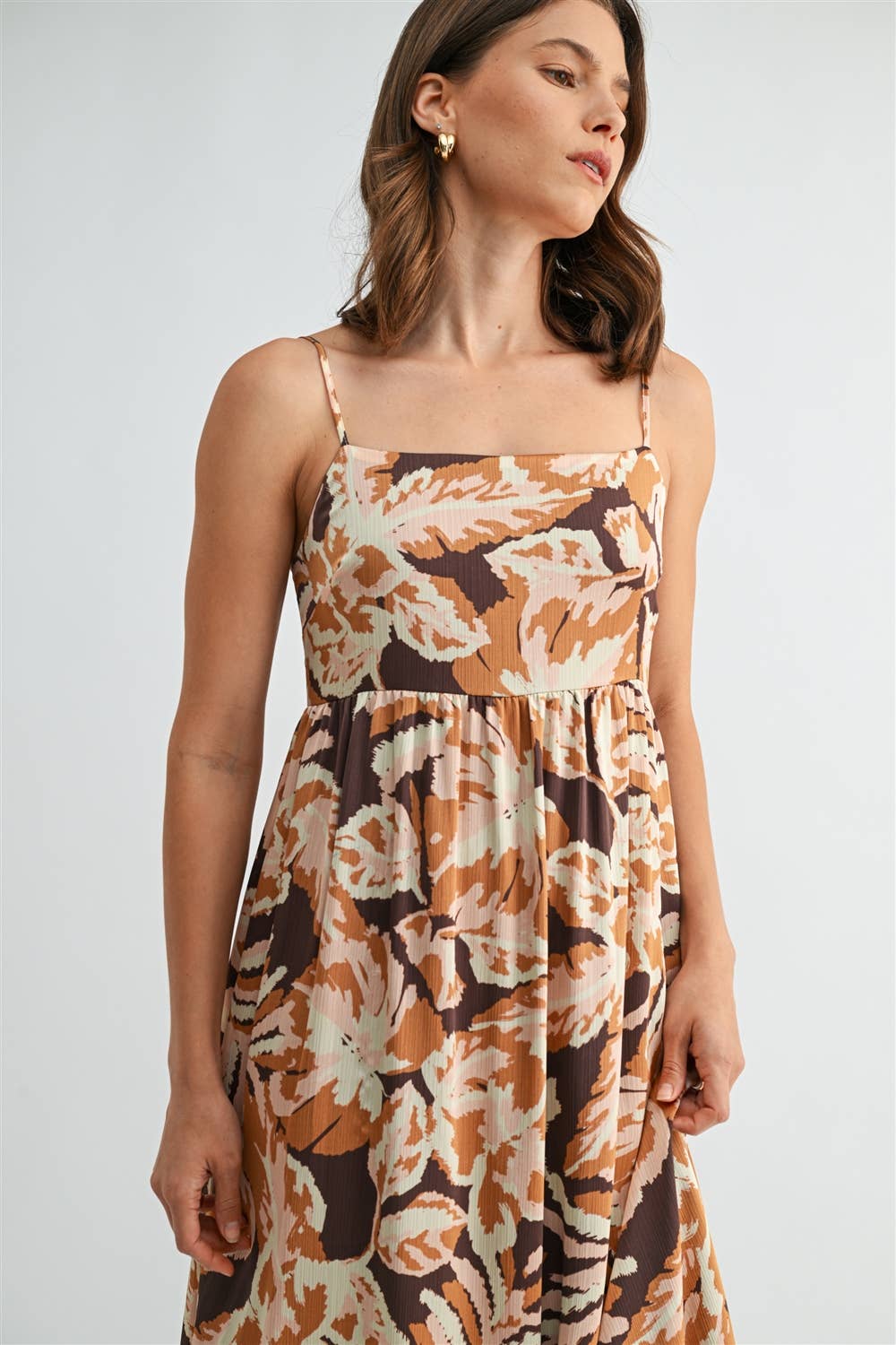 Leaf Print Smocked Back Dress in Brown Multi Color