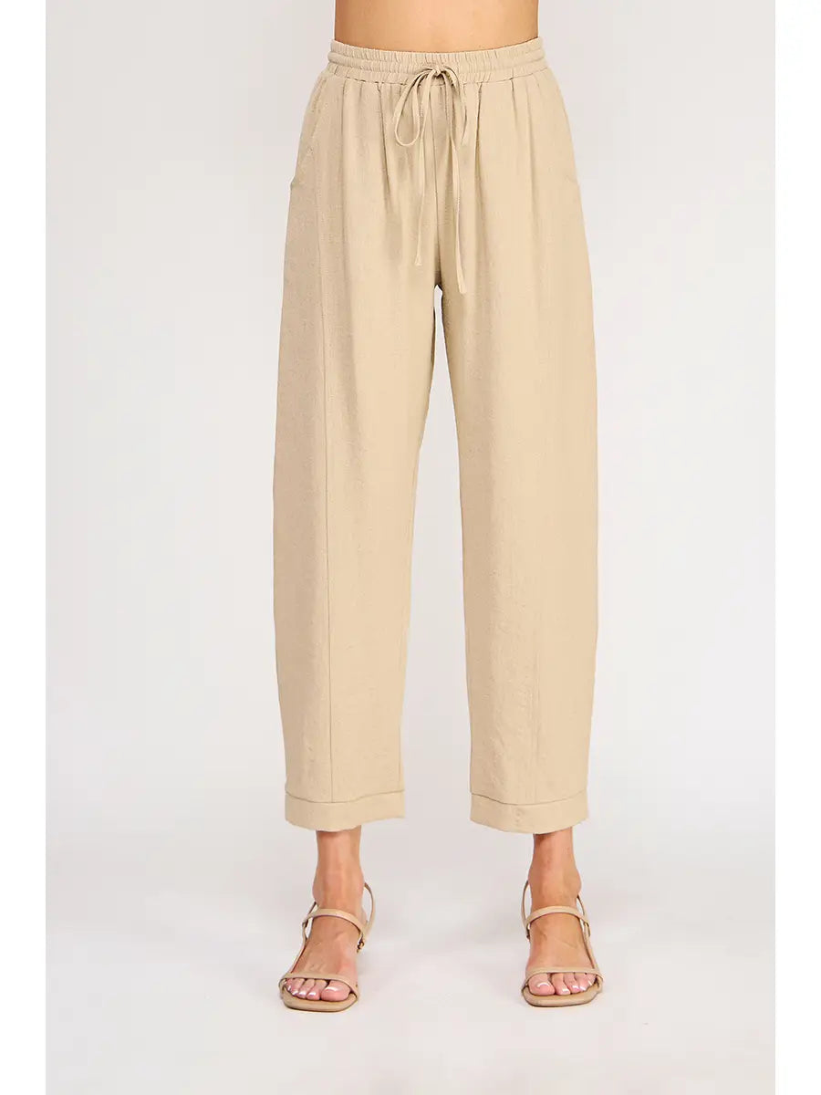 Linen Blend Elastic Tie Relaxed Tapered Pant