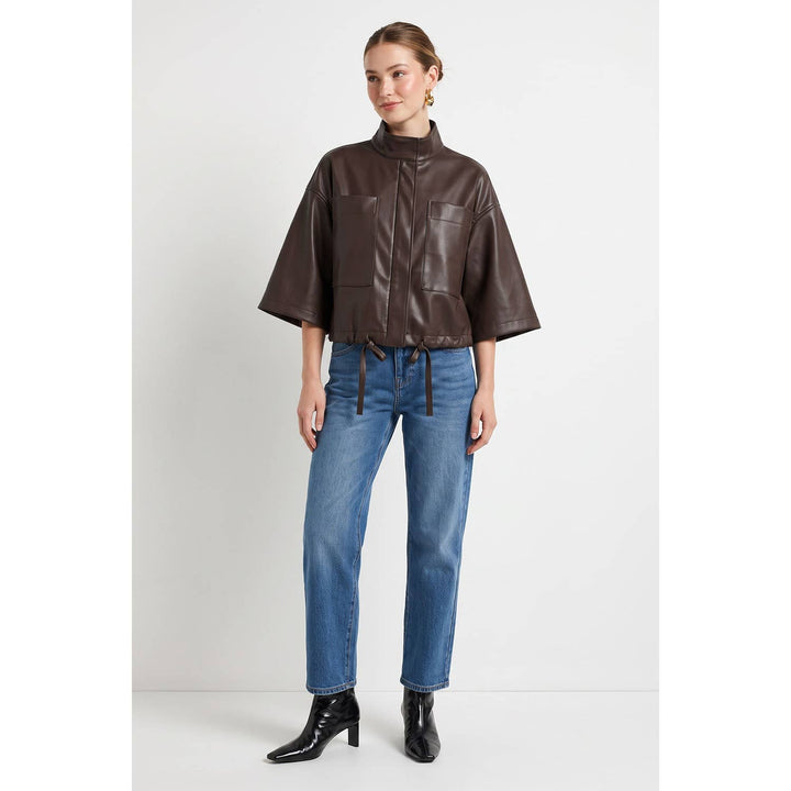 Drawstring Hem Boxy Vegan Leather Jacket