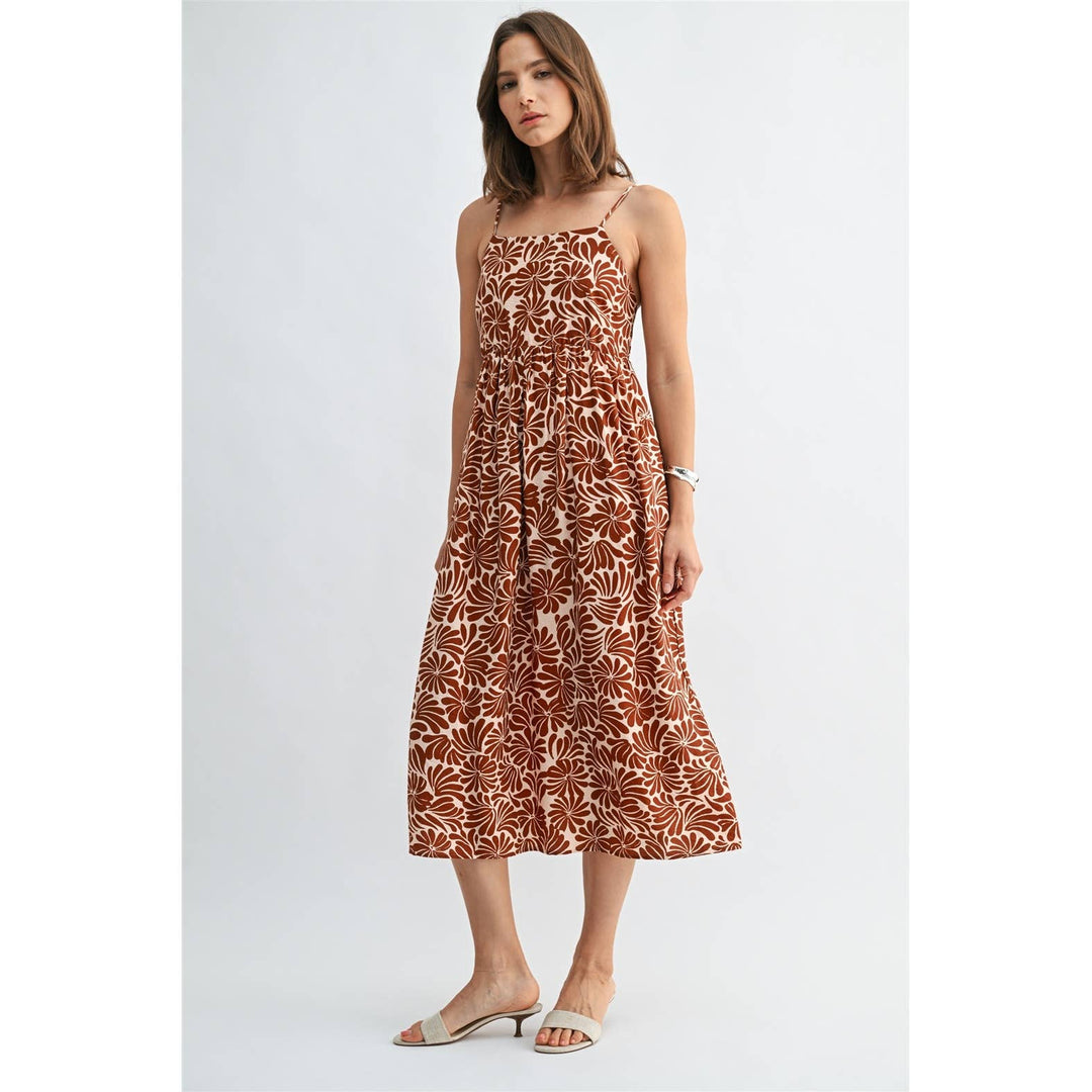 Flower Print Smocked Back Midi Dress in Orange