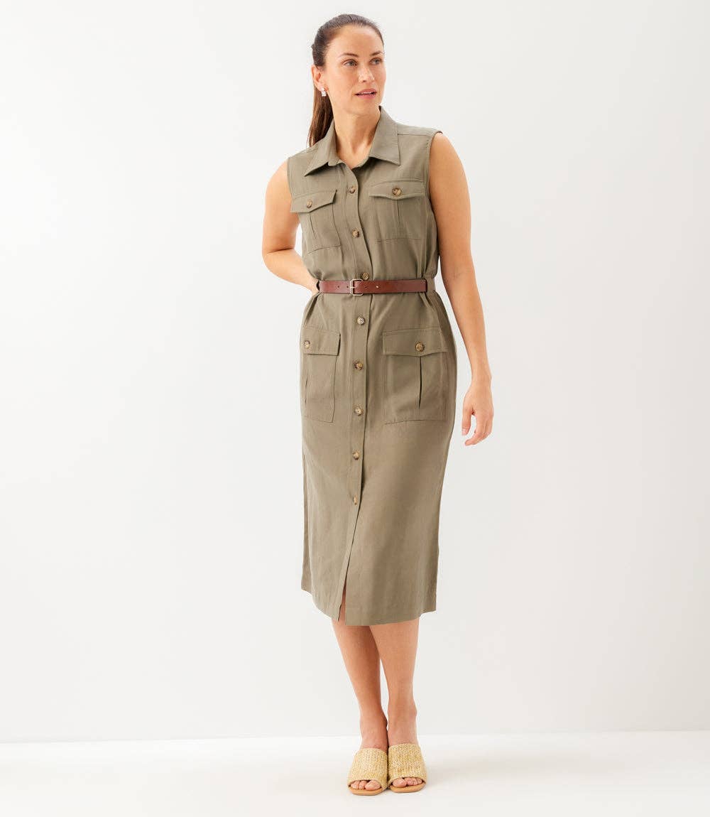Sleeveless Midi Shirtdress in Olive