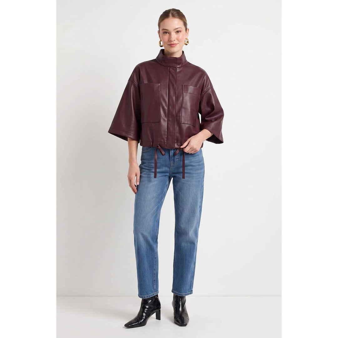 Drawstring Hem Boxy Vegan Leather Jacket