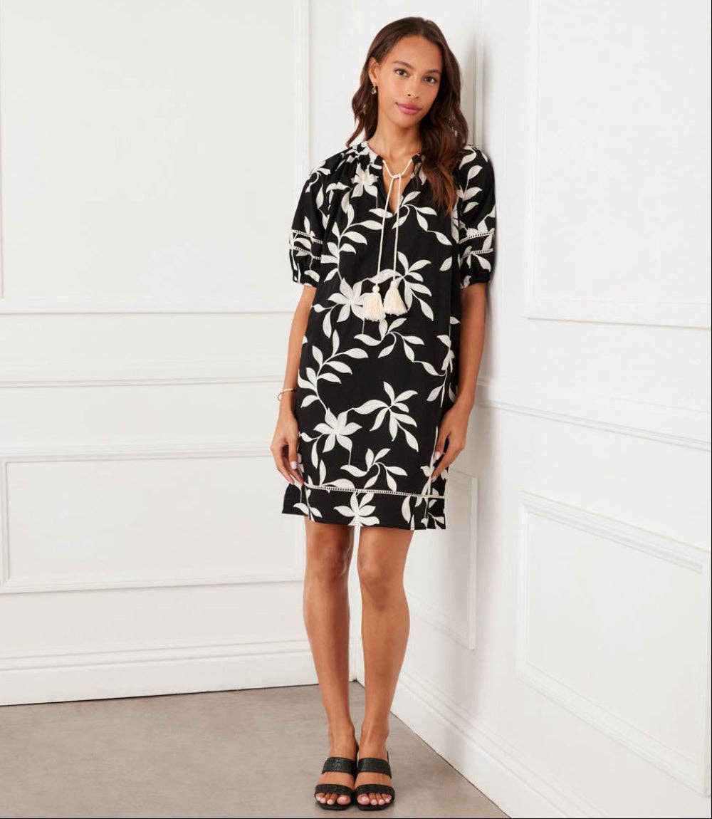 Floral Embroidered Puff Sleeve Tassel Dress in Black