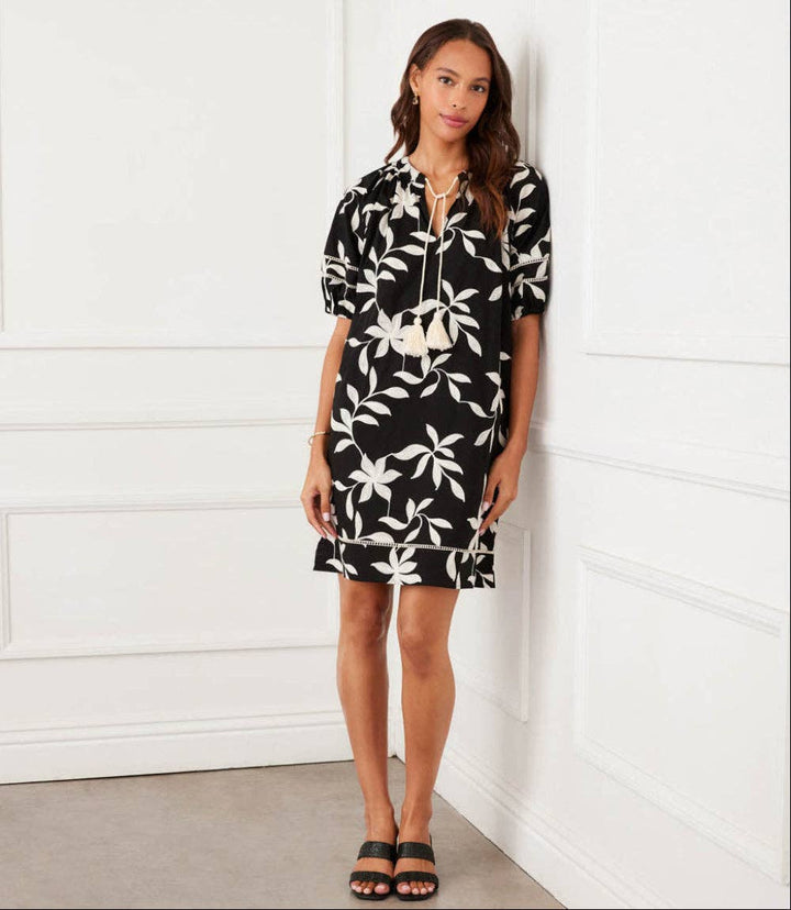Floral Embroidered Puff Sleeve Tassel Dress in Black