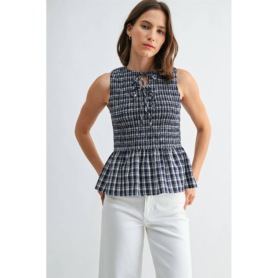 Gingham Sleeveless Peplum Tie Detail Smocked Top in Navy