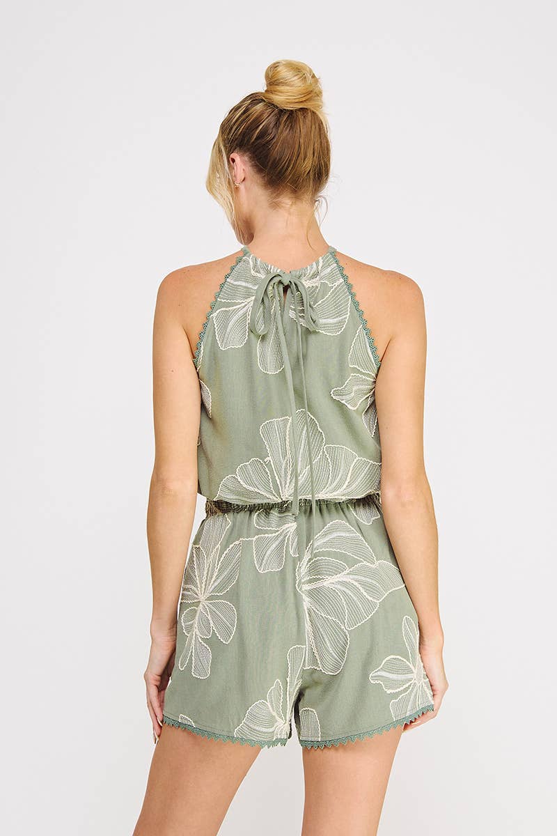 Floral Linen Bubble Halter Top in Sage Green