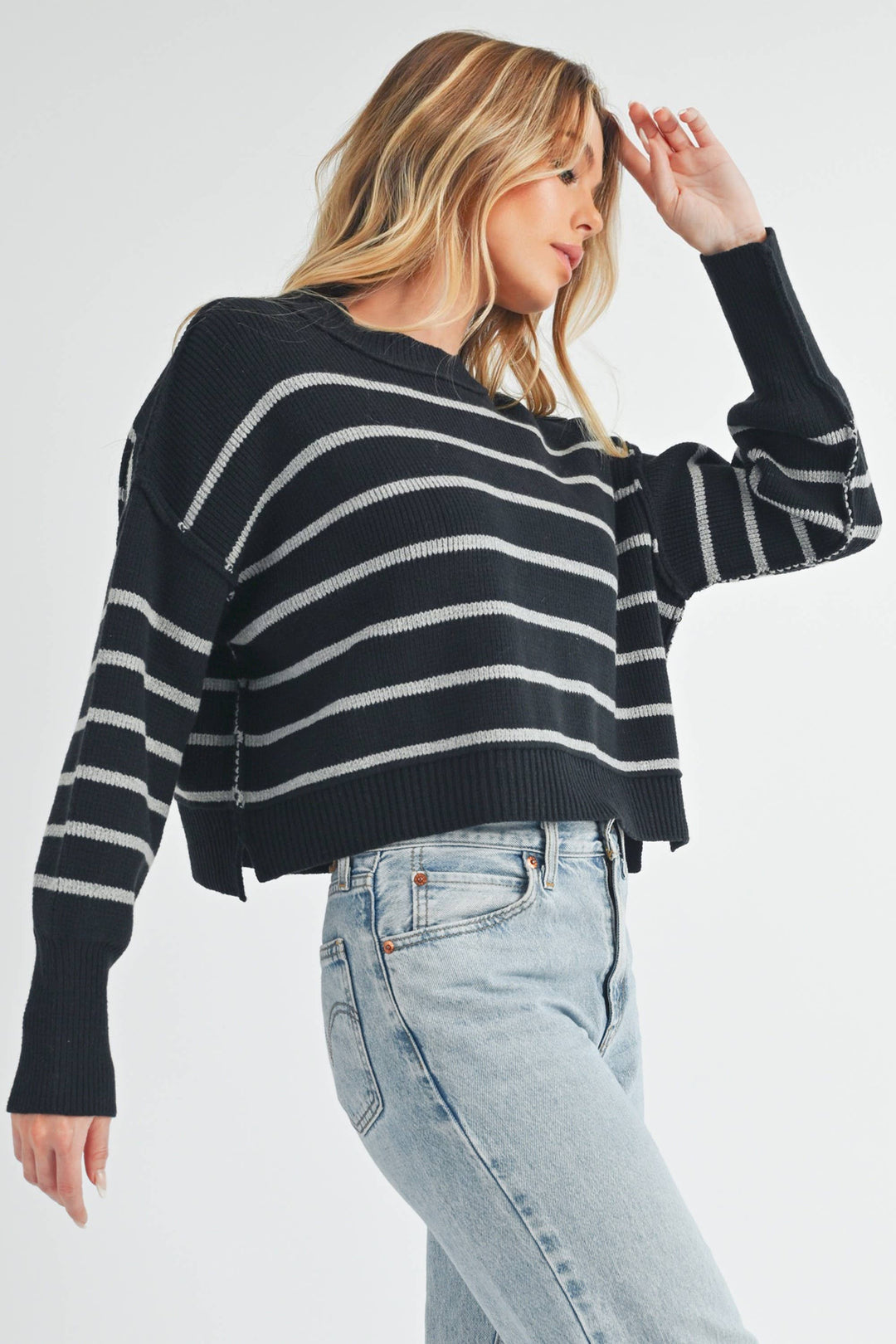 Marcella Sweater in Black &amp; Gray Stripe