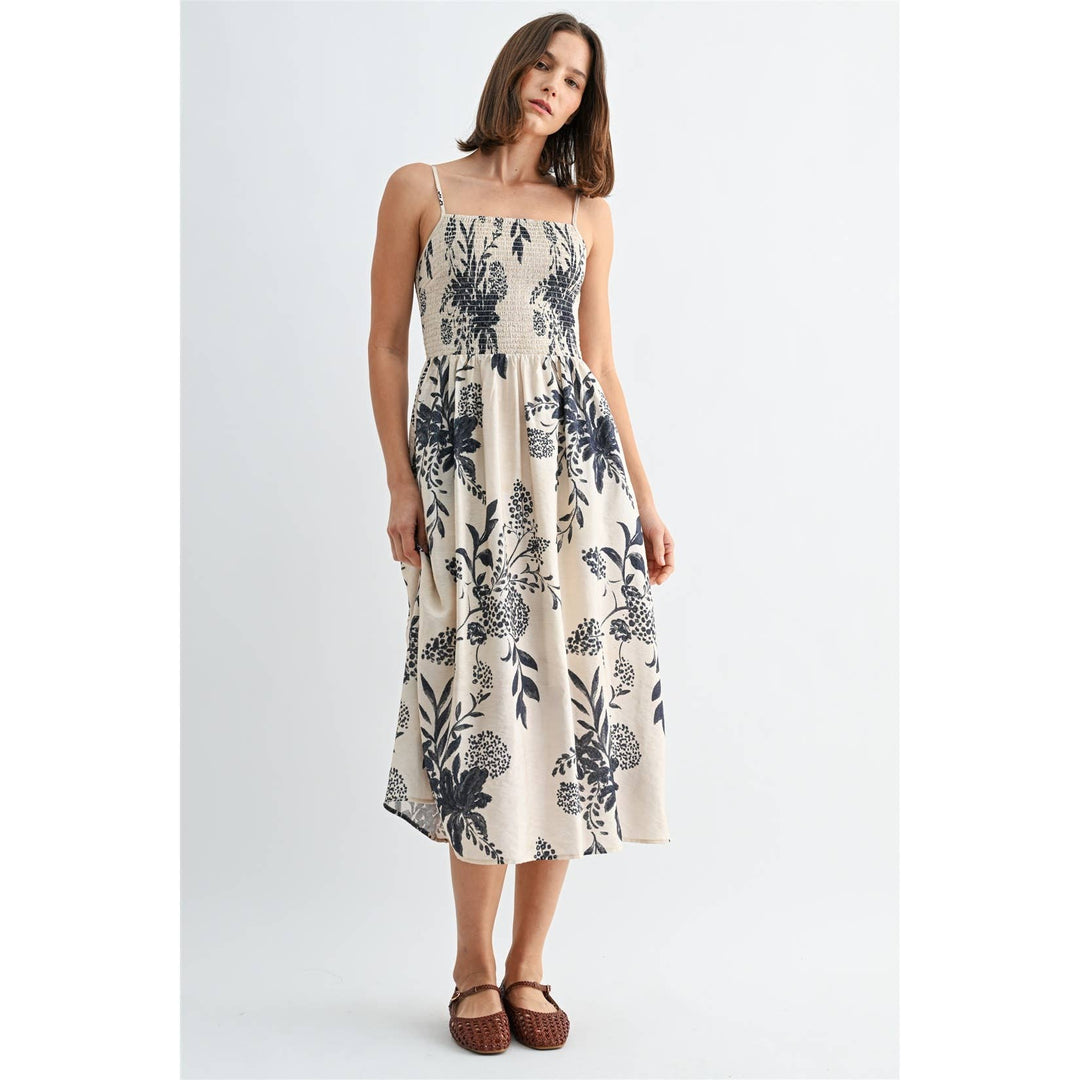 Smocked Floral Midi Dress in Navy &amp; White