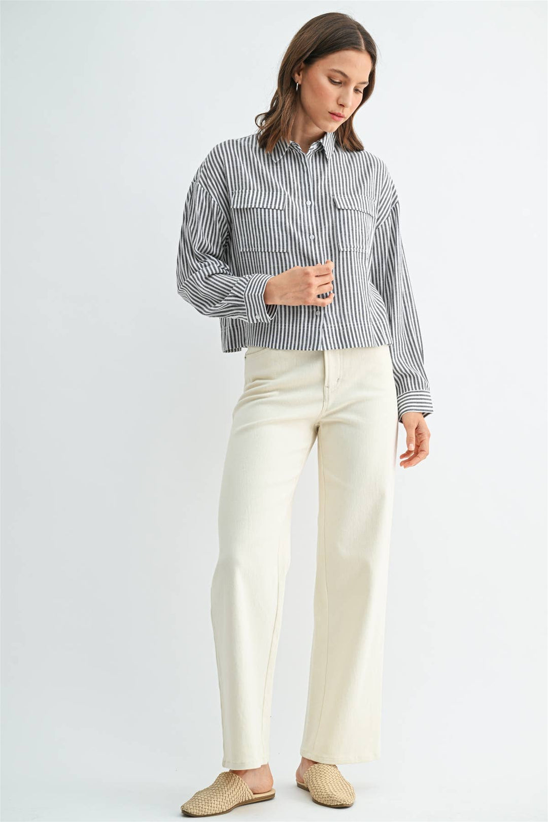 Long Sleeve Front Pocket Shirt in Grey &amp; White Striped