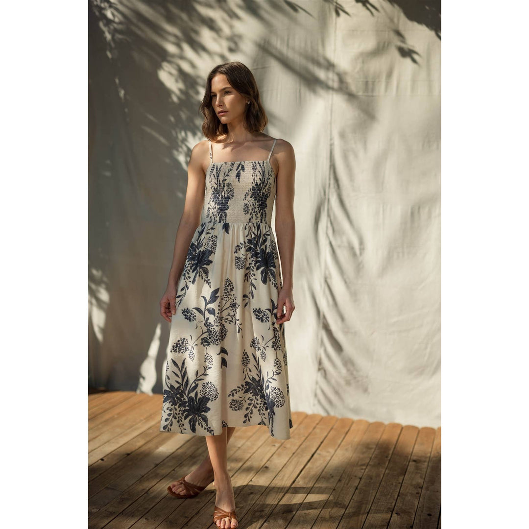 Smocked Floral Midi Dress in Navy &amp; White