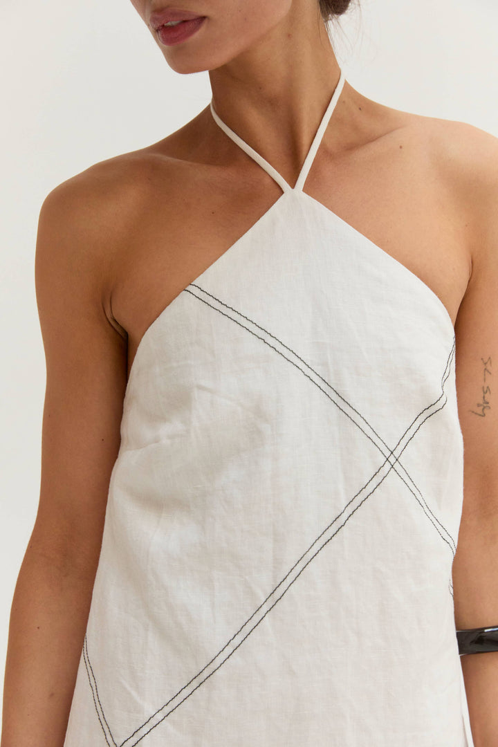 Lena Linen Contrast Stitch Halter Mini Dress in White
