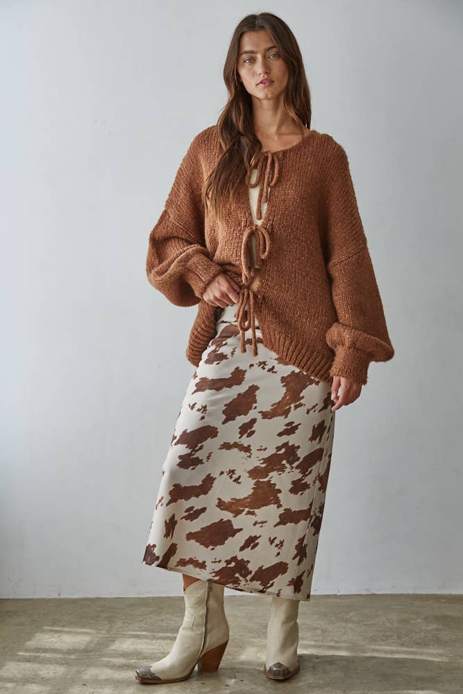 Woven Cow Print Satin Midi Skirt