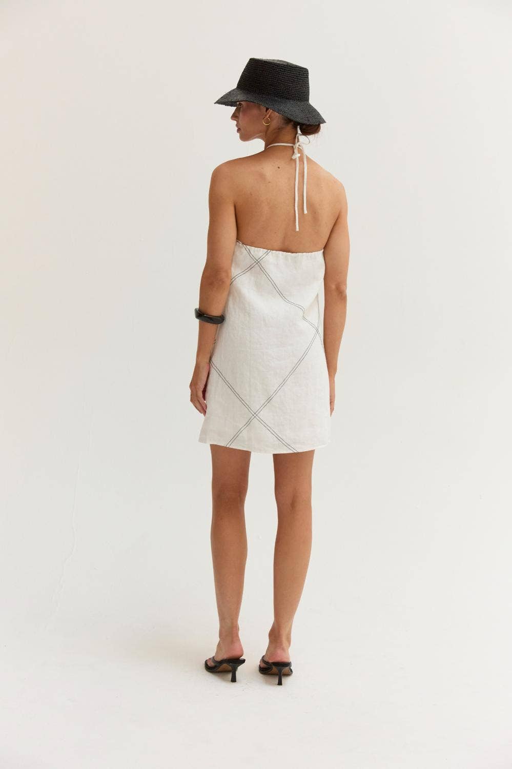 Lena Linen Contrast Stitch Halter Mini Dress in White