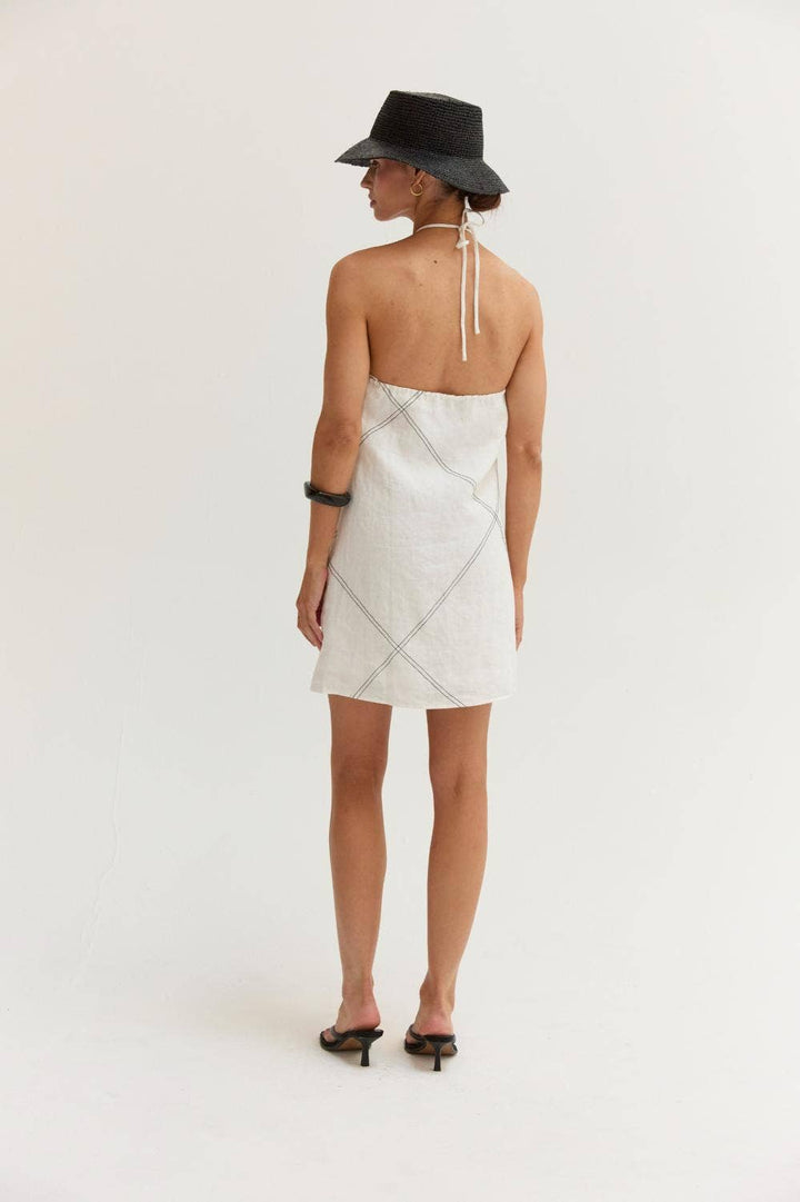 Lena Linen Contrast Stitch Halter Mini Dress in White