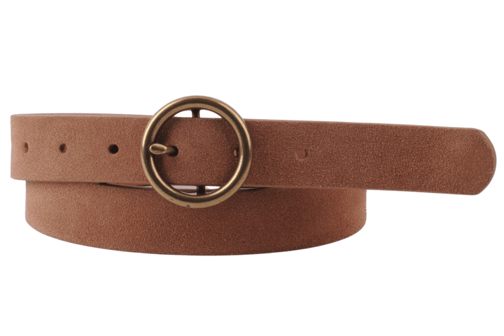 Suede &amp; Genuine Leather Belt with Round Brass Buckle