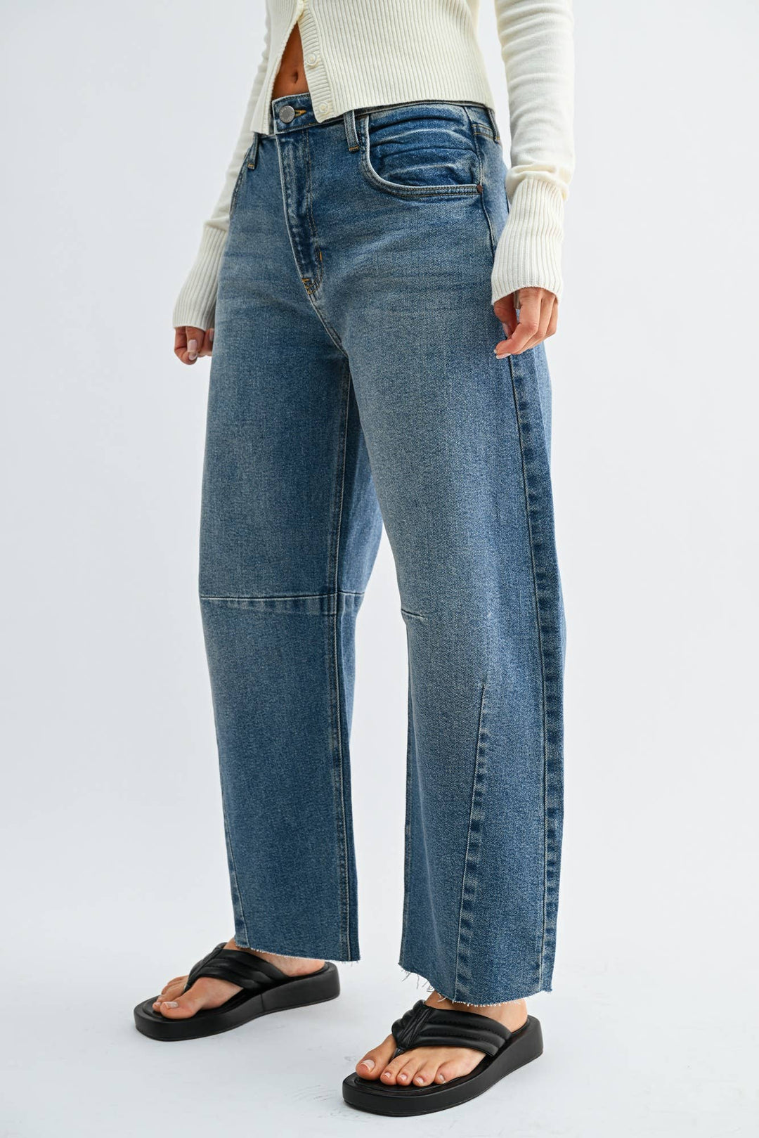 Raw Hem Barrel Jeans in Medium Wash - 27" Inseam