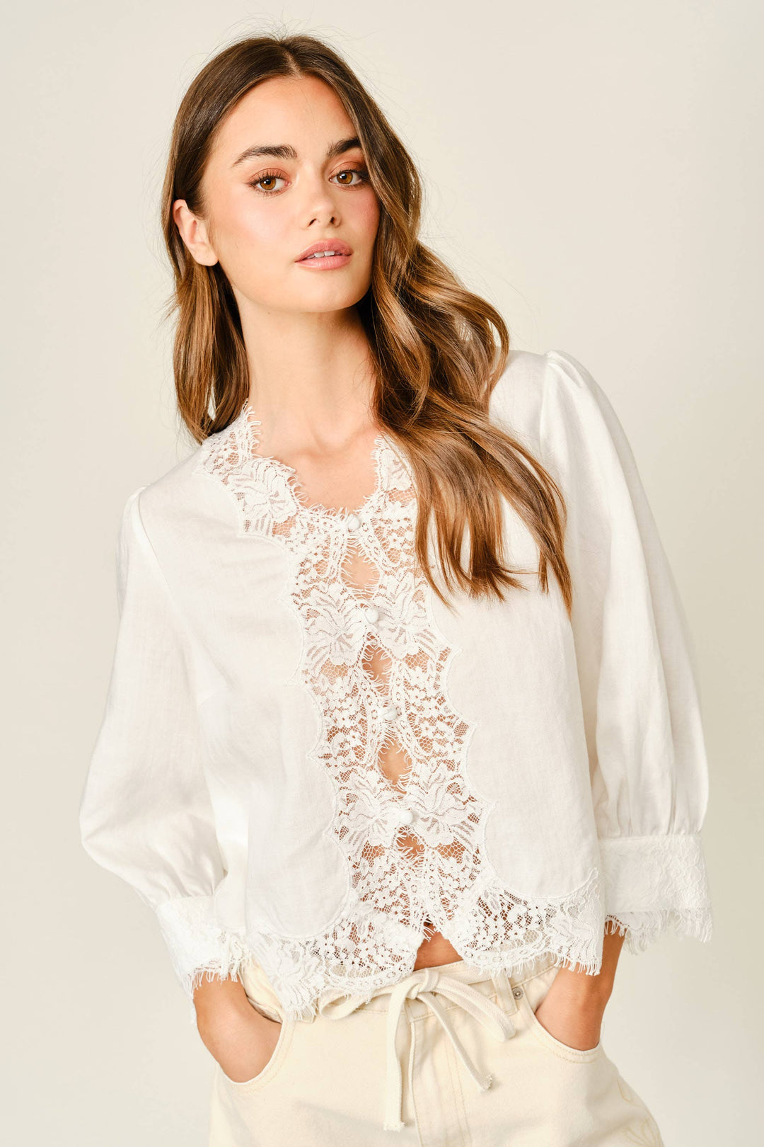 Lace Accent Button Down Linen Blend Top