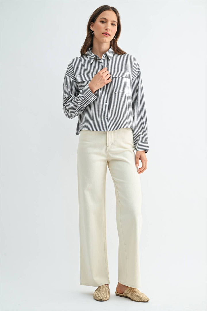 Long Sleeve Front Pocket Shirt in Grey &amp; White Striped