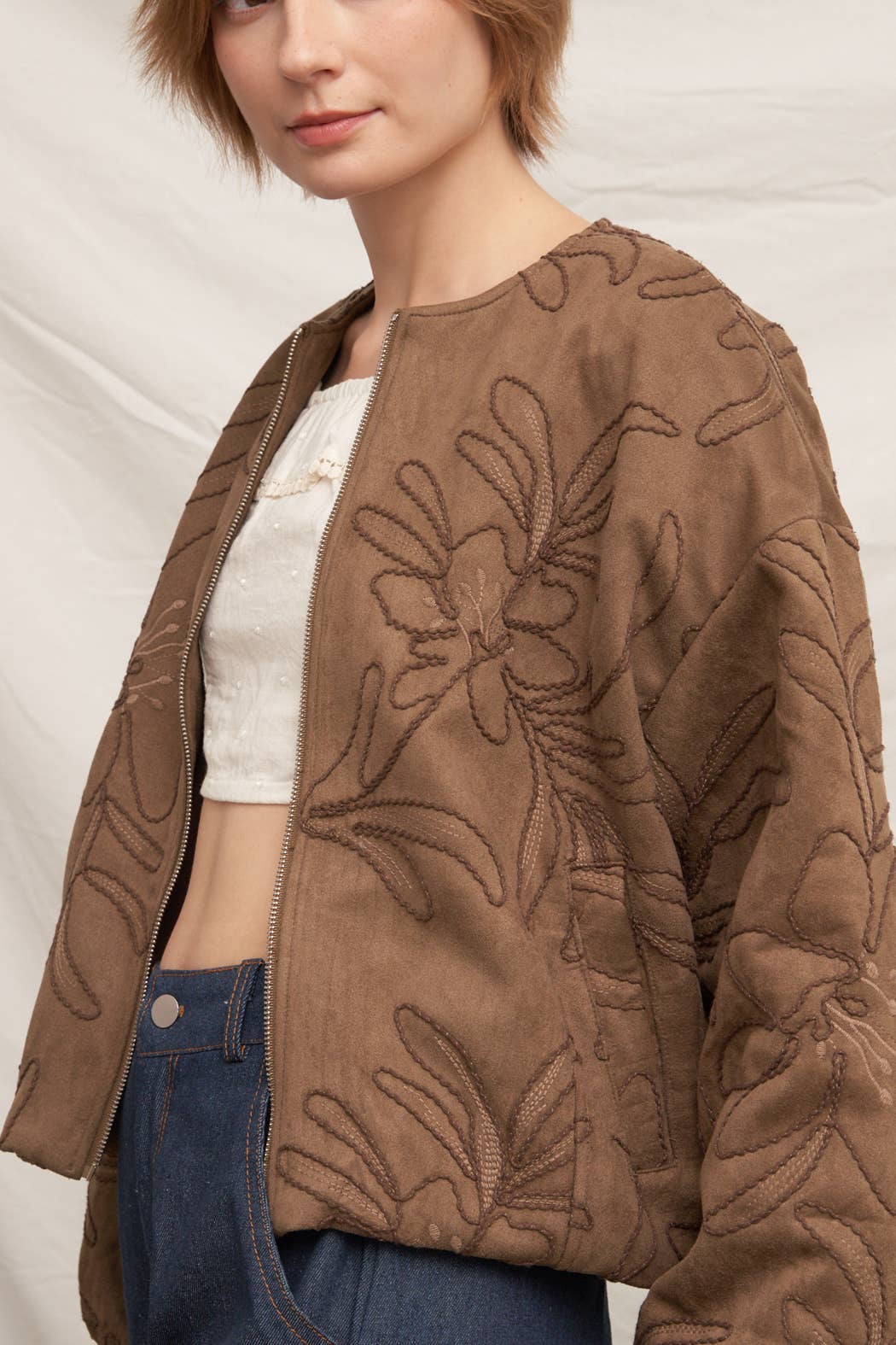 Embroidered Floral Pattern Bomber Jacket in Brown
