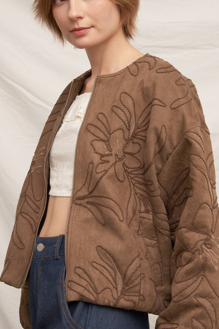 Embroidered Floral Pattern Bomber Jacket in Brown