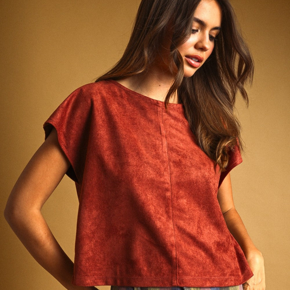 Short Sleeve Faux Suede Top