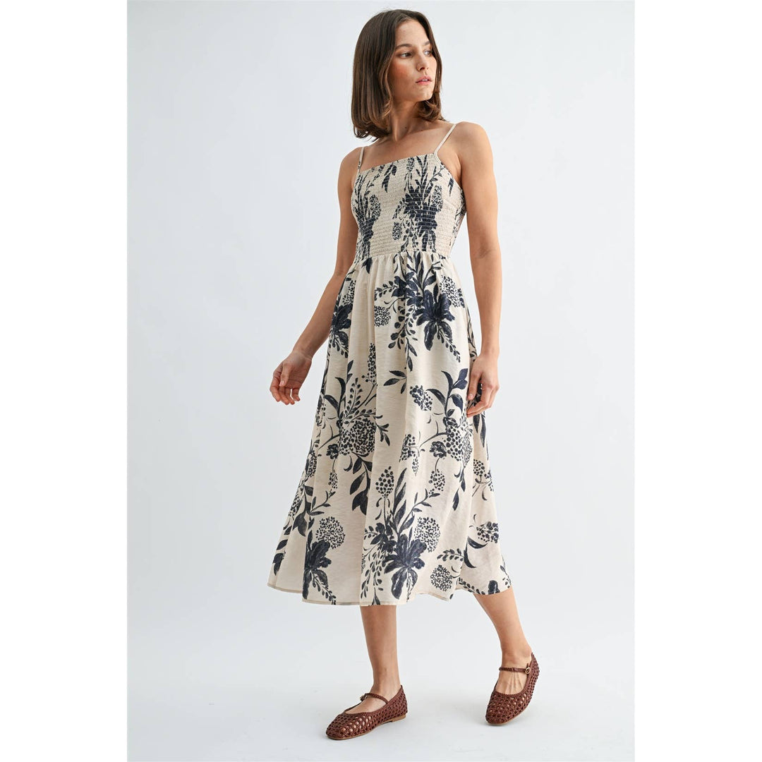 Smocked Floral Midi Dress in Navy &amp; White