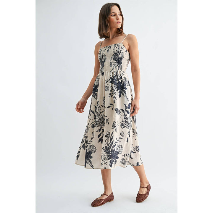 Smocked Floral Midi Dress in Navy &amp; White